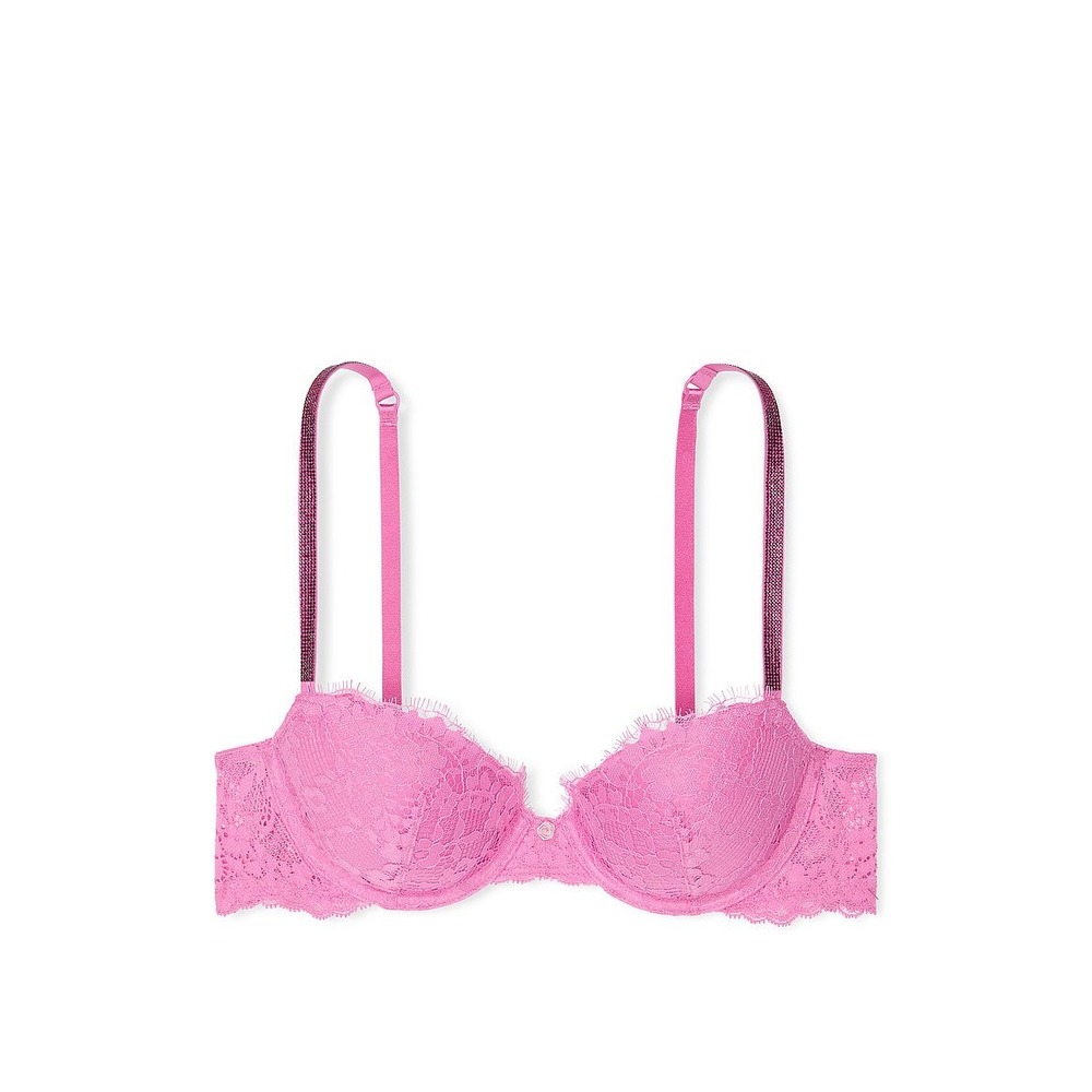 Victoria's Secret Pink Twinkle Lace Push Up Plunge Bra Pink Rhinestone 32C